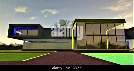 Beleuchtung des zeitgenössischen Hauses mit Farben der ukrainischen Flagge in Sternennacht. Glühender Pool vor der Glasfassade. 3D-Rendering. Stockfoto