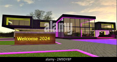 Willkommen 2024 Text auf dem Holzständer mit erstaunlich beleuchtetem Anwesen auf dem Hintergrund. Gute Idee für eine Neujahrskarte. 3D-Rendering. Stockfoto