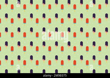 Eiscreme-Muster mit leckerem Eis am Stiel auf hellgrünem Hintergrund. Nahtloser Vektor mit Eis am Stiel für Geschenkpapier, Buchumschlag und wa Stock Vektor