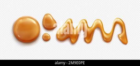 Karamellsoße tropft, geschmolzener Toffee, Sirup verschüttet. Flecken in flüssiger Bonboncreme, Karamell, süßer Sauce oder Butter auf transparentem Hintergrund, vektorrealistische Illustration Stock Vektor