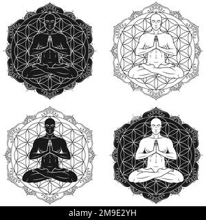 Vektordesign des Mannes meditiert in Lotusposition, Mann macht Yoga mit Blume des Lebens als Hintergrund Stock Vektor