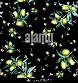 Nahtloses Gemüsemuster mit Olivenzweig. Botanische JPEG-Illustration mit Blumenmotiv. Stockfoto