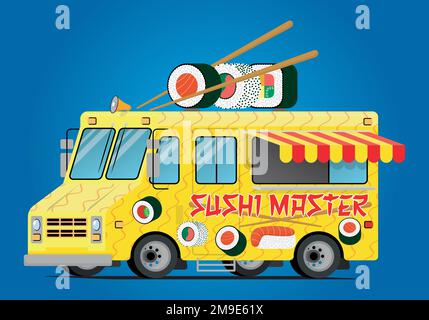 Food Truck mit Sushi und Brötchen in der Abbildung Stock Vektor