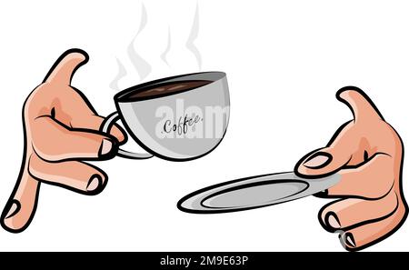 Hände halten eine Tasse Kaffee und eine Untertasse Stock Vektor
