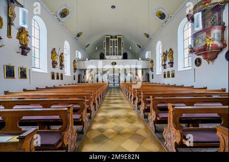 Orgelloft, St. Verena Gemeindekirche, Fischen, Allgaeu, Bayern, Deutschland Stockfoto