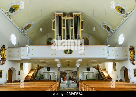 Orgelloft, St. Verena Gemeindekirche, Fischen, Allgaeu, Bayern, Deutschland Stockfoto