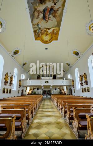 Orgelloft, St. Verena Gemeindekirche, Fischen, Allgaeu, Bayern, Deutschland Stockfoto