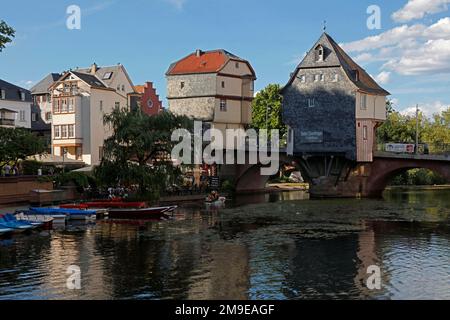 Brückenhäuser, Alte nahe Brücke, Steinbrücke, 1300 erbaut, Bad Kreuznach, Rheinland-Pfalz, Deutschland Stockfoto