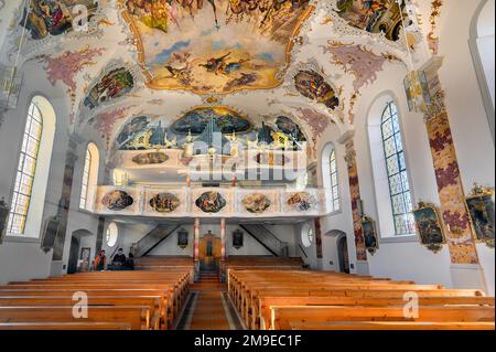 Orgelloft, Kirche St. Peter und Paul, Bad Petersthal, Allgaeu, Bayern, Deutschland Stockfoto