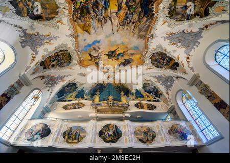 Orgelloft und Deckenfresken, Kirche St. Peter und Paul, Bad Petersthal, Allgaeu, Bayern, Deutschland Stockfoto