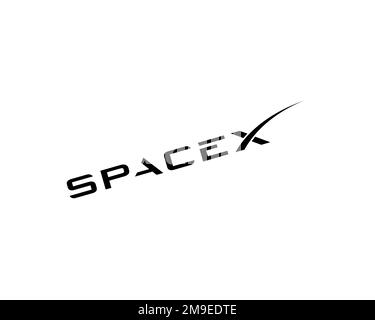SpaceX, gedrehtes Logo, weißer Hintergrund Stockfoto
