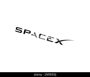 SpaceX, gedrehtes Logo, weißer Hintergrund B Stockfoto
