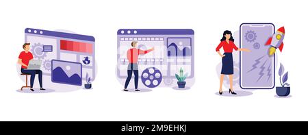 Webentwicklungsunternehmen. Grafikdesign für Websites und Bewegungen, beschleunigte mobile Seiten, Landing-Page für Unternehmen. Legen Sie einen flachen Vektor mit moderner Illustration fest Stock Vektor