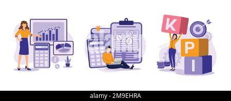 Unternehmensgewinn. Finanzmanagementsystem, Berechnung des Nettoeinkommens, KPI-Erfolgsmessung, Unternehmenswachstum, Budgetplanung. Flachvektormoder einstellen Stock Vektor