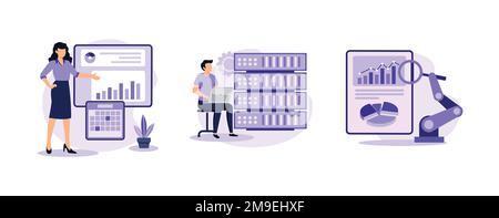 IT-Softwarelösungen. IT-Management im Unternehmen, Big-Data-Entwickler, Automatisierung von Geschäftsprozessen, Benutzeroberfläche. Legen Sie einen flachen Vektor mit moderner Illustration fest Stock Vektor