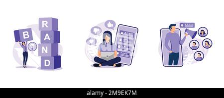 Markenpublikum. Markenaufbau, Reputationsmanagement, Markenbefürworter, Marketingstrategie, soziale Medien, Unternehmens-ID. Flachvektormodell festlegen Stock Vektor