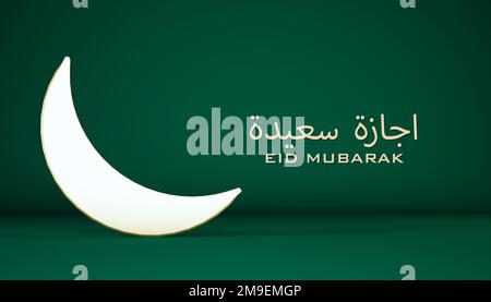 Eid-Mubarak-Hintergrund mit Halbmond auf islamischem Grün, 3D-Darstellung. Moslem Holy Month Ramadan Kareem Motiv mit islamischer grüner Tapete Stockfoto