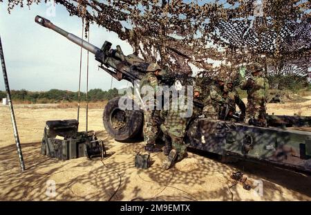 Linkes Profil, mittlere Aufnahme eines US Marine M198 155mm Howitzer als Marines aus Lima Battery, 3. Bataillon, 12. Marines, aus Camp Hansen, Okinawa, Japan, laden Sie eine Artillerie in den Howitzer. Diese Übung fand im Ojojihara, Japan Range Artillery Relocation Shoot statt. Einsatzgebiet/Serie: OJOJIHARA-ARTILLERIE-UMSIEDLUNG SCHIESSSTAND: Ojojihara-Basislager Land: Japan (JPN) Stockfoto