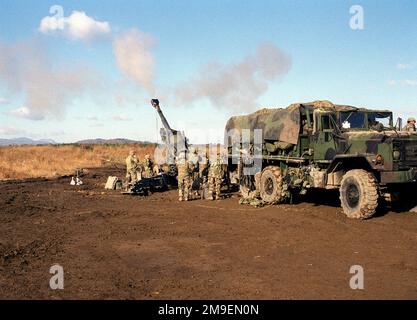 Gerade auf mittlerer Aufnahme von US Marine Cannoneer von Lima Company, 3. Bataillon, 12. Marines, aus Camp Hansen, Okinawa, Japan, feuern Sie den M198 155mm Howitzer während der Übungen im Artillerie-Umsiedlungsschieber in Ojojihara, Japan. Ebenfalls zu sehen ist die rechte Vorderansicht eines M923A1 (6X6) 5-Tonnen-Frachtwagens, der mit dem Howitzer gesichert ist. Einsatzgebiet/Serie: OJOJIHARA-ARTILLERIE-UMSIEDLUNG SCHIESSSTAND: Ojojihara-Basislager Land: Japan (JPN) Stockfoto