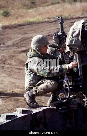 Rechte Seite, Mittleres Bild des US Marine Lance Corporal Randy Salinas, ein Kanonier der Lima Company, 3. Bataillon, 12. Marines, aus Camp Hansen, Okinawa, Japan, während er die Stätten auf einem M198 155mm Howitzer während einer der Übungen beim Umsiedlungsschieber der Artillerie in Ojojihara, Japan, durchschaut. Einsatzgebiet/Serie: OJOJIHARA-ARTILLERIE-UMSIEDLUNG SCHIESSSTAND: Ojojihara-Basislager Land: Japan (JPN) Stockfoto