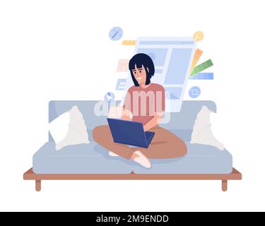 Weibliche Grafikdesignerin, die auf der Couch sitzt, halbflache Vektorfigur Stock Vektor