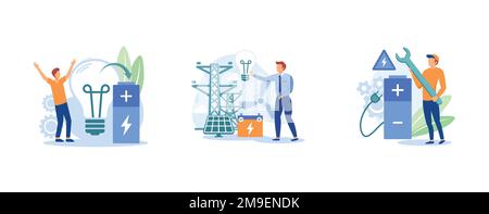 Verwendung der Akkumulatorbatterie. Innovative Batterietechnologie, Energiespeicherung, sicheres Energiegerät, elektrische Energie. Legen Sie einen flachen Vektor mit moderner Illustration fest Stock Vektor