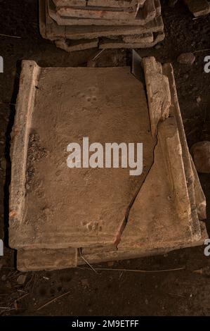 Pfotenabdrücke auf der staubigen Oberfläche eines alten griechischen gebackenen Lehms „Velia-Fliese“, der vor mindestens 2.000 Jahren im Seehafen Elea an der Tyrrhenischen Seeküste in Süditalien hergestellt wurde. Große Mengen einzigartiger Ziegel und Fliesen, viele mit offiziellen Stempeln, wurden bei archäologischen „Ausgrabungen“ in den Ruinen der hellenistischen Elea und des römischen Velia neben dem Resort Marina di Ascea in Kampanien gefunden. Stockfoto