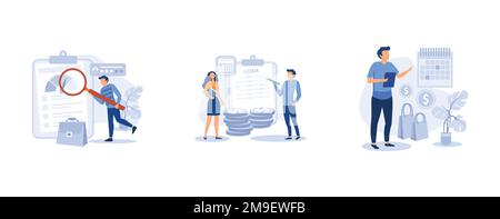 Bank-Service-Set. Kreditrating, Darlehensauszahlung, Zahlungsaufschub, Risikobewertung, Studentendarlehen, Zahlungsbedingungen. Flache Vektoren, moderne Illustration Stock Vektor