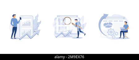 Suchmaschinenmarketing. Mobile SEO-Agentur, Suchbegriff-Ranking, alt-Tag-Optimierung, Website-Ranking, Suchoptimierung. Legen Sie einen flachen Vektor mit moderner Ausstrahlung fest Stock Vektor