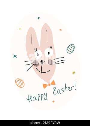 Osterhase mit der Schriftart Frohe Ostern. Ein handgezogener Hase von einem Kind. Zeichentrickfilm. Doodle. Eine minimalistische, schlampige Skizze. Darstellung isolierter Vektoren. Stock Vektor