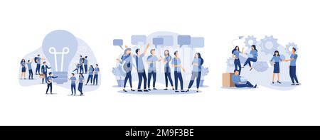 Kleine Menschen betrachten die große Glühbirne auf der Suche nach Ideen, dialog Sprechblasen, Parteiübereinstimmung, flachen Vektoren und moderner Illustration Stock Vektor