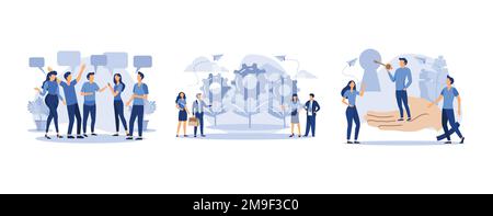 dialog Sprechblasen, Teamarbeit bei der Suche nach neuen Ideen, kreative Konzeptidee Schlüssel zum Erfolg, flacher Vektor für moderne Illustration Stock Vektor