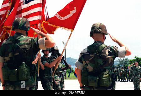 US Marine Corps Brigadegeneral Gordon Nash und USMC Major General Wallace Gregson salutieren die Farben während des Kommandowechsels der IIIth Marine Division in Okinawa, Japan. Staat: Okinawa Land: Japan (JPN) Stockfoto
