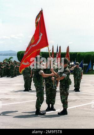 GENERAL Gordon Nash, BRIGADEGENERAL des US-Marine-Korps, gibt das Kommando über die IIIth Marine Division an Generalmajor Wallace Gregson des USMC in Okinawa, Japan, ab. Staat: Okinawa Land: Japan (JPN) Stockfoto