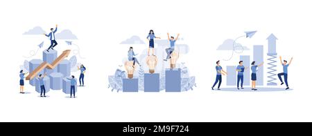 Teamarbeit in Bezug auf Leistung, Analyse von Geschäftskonzepten, Vorbereitung der Einführung eines Geschäftsprojekts, Erstellung eines flachen Vektors und moderner Illustration Stock Vektor
