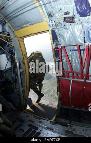 Gerade nach hinten, mittellange Aufnahme, wie ein Fallschirmjäger der US-Armee von DER 1. des 508. Infanterie Airborne Battalion Combat Team (ABCT), 173. Airborne Brigade, aus Vicenza, Italien, von einer US Air Force C-130 Hercules von der 37. Luftwaffenstaffel, Ramstein Air Base, Deutschland, springt. Sie fallen am 09. August 2000 in die Bunker Drop Zone in Grafenwohr, Deutschland, für Lion Drop 12. Betreff Betrieb/Serie: LION DROP 12 Land: Deutschland / Deutschland (DEU) Stockfoto