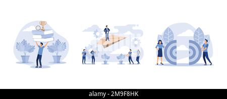 Online-Bücher und Studienführer, ein Mann erhebt sich auf einem Papierflugzeug, geschäftliche Teamarbeit, Menschen verbinden Puzzleelemente, legen einen flachen Vektor, moderne Illu Stock Vektor