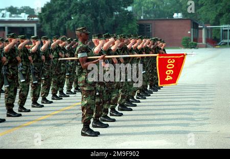 US-Marines vom 3064. Zug präsentieren Arms auf dem 3. Bataillon Drill Field auf Parris Island, South Carolina am 23. August 2000. Basis: USMC Recruit Depot, Parris Island Bundesstaat: South Carolina (SC) Land: Vereinigte Staaten von Amerika (USA) Stockfoto