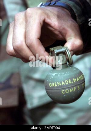 Ein US-Marine vom 1. Bataillon, 3. Marines, demonstriert beim Training in den Baracken der Schofield Army, Hawaii, die richtige Handhabung einer Handgranate. Basis: Schofield Barracks, Kaneohe Bay Bundesstaat: Hawaii (HI) Land: Vereinigte Staaten von Amerika (USA) Stockfoto