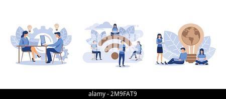 Internet-Assistent bei der Arbeit, öffentliche kostenlose drahtlose Verbindung, drahtloses Internet (WiFi), Energie sparen und die Umwelt schonen, flacher Vektor mit moderner Illustration Stock Vektor
