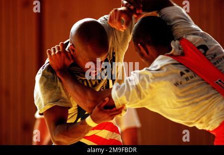 Aviation Boatswain's Mate 1. Class Steven Mays (rechts), 34, Kapitän des US Navy Teams, Ringen mit DEM SPEZIALISTEN Mujaahid Maynard (links), 29, US Army Training Partner für Mays. Beide sind aus dem griechisch-römischen Ringen-Team der USA und nehmen am 14. September 2000 an einer vorolympischen Übung in Canberra, Australien, Teil. Mays sitzt auf dem Flugzeugträger USS John F. Kennedy aus Pensacola, Florida. Maynard ist in Fort Carson, Colorado, im Weltklasse-Athleten-Programm tätig. Basis: Canberra Staat: New South Wales Land: Australien (AUS) Stockfoto
