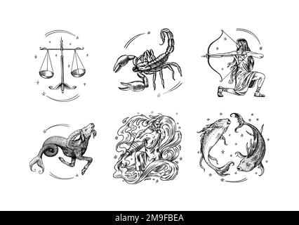 Sternbildzeichen des Zodiacus. Astrologische Symbole. Illustrationen des Horoskops. Magische weibliche Figuren, Boho-Design. Handgezeichnet, eingraviert, altes Monochrom Stock Vektor