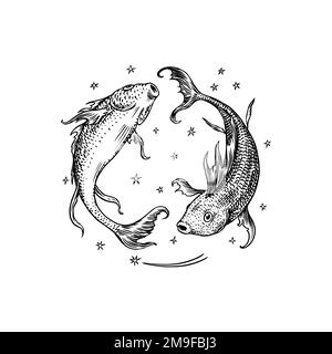 Pisces Zodiac-Zeichen. Moderne Magie Astrologisches Symbol. Illustration eines Horoskops. Boho-Design für Hexerei-Karte. Handgezeichnet, eingraviert, altes Monochrom Stock Vektor