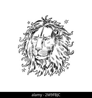 Leo Zodiac-Zeichen. Moderne Magie Astrologisches Symbol. Illustration eines Horoskops. Boho-Design für Hexerei-Karte. Handgezeichnet, eingraviert, altes Monochrom Stock Vektor