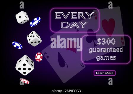 Online-Casino. Banner für die Website mit Würfeln, Karten und Chips auf lila Hintergrund. Das Konzept des Glücksspiels, des Online-Casinos. Vektorbild. Stock Vektor