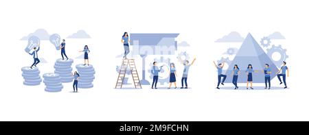 Kreative Konzeption des Schlüssels zum Erfolg, Sicherheitskamera, Menschen verbinden die Elemente der Pyramide, legen einen flachen Vektor und eine moderne Illustration fest Stock Vektor