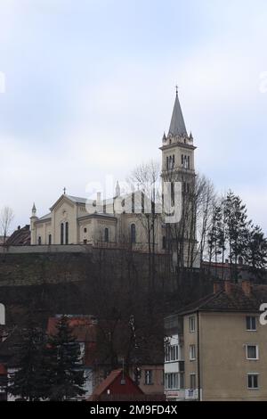 Klosterkirche in Sighisoara, verewigt in verschiedenen Winkeln Stockfoto