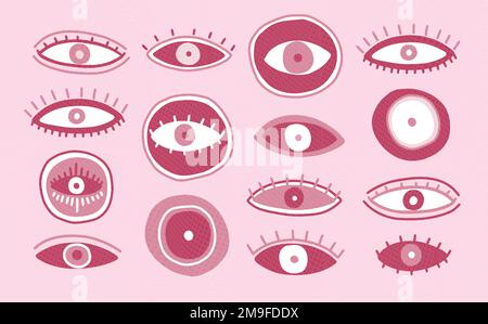 Set mit bösen Augenelementen in primitiver Kunst. Gezeichnet in einem schlampigen, schiefen Stil. In trendigen 2023 Farben Viva Magenta. Stock Vektor