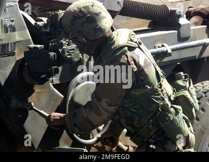 Ein US Marine vom 1. Bataillon, 12. Marines, Charlie Company, positioniert einen M198 Howitzer als Ziel während einer Übung im Pohakuloa Training Area auf Big Island, Hawaii. Basis: Pohakuloa Training Area Bundesstaat: Hawaii (HI) Land: Vereinigte Staaten von Amerika (USA) Stockfoto