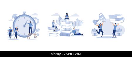 Zeitmanagementkonzept, Menschen lernen und Wissen erwerben, Online-Bücher und Lernhandbücher, flacher Vektor und moderne Illustration Stock Vektor